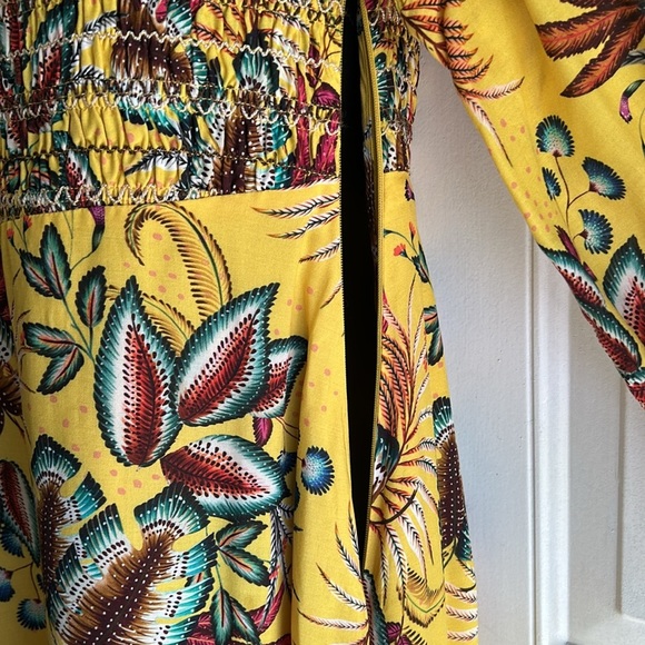FARM RIO + ANTHROPOLOGIE SMOCKED MINI DRESS IN YELLOW TROPICAL SIZE XS - Picture 4 of 15